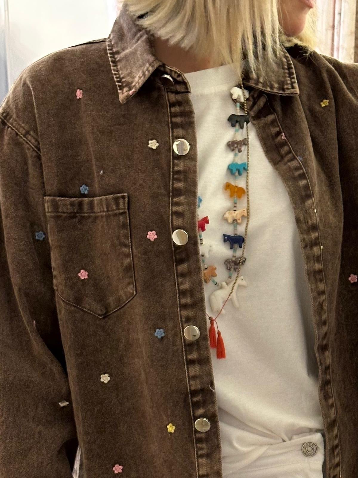 Camicia jeans ricamata cioccolato - Carlo Deni