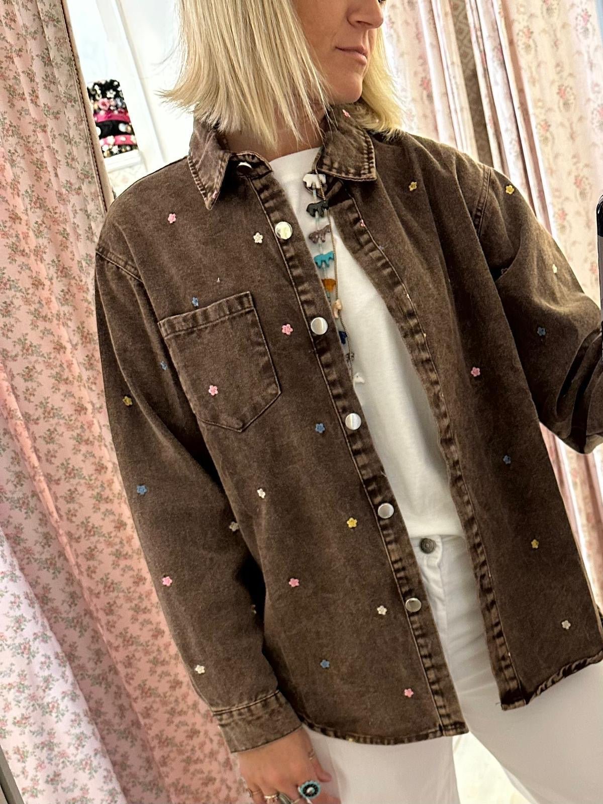Camicia jeans ricamata cioccolato - Carlo Deni