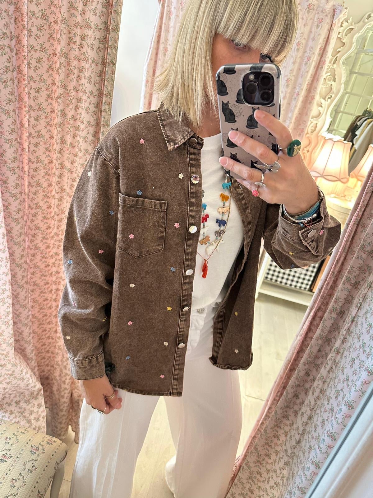 Camicia jeans ricamata cioccolato - Carlo Deni