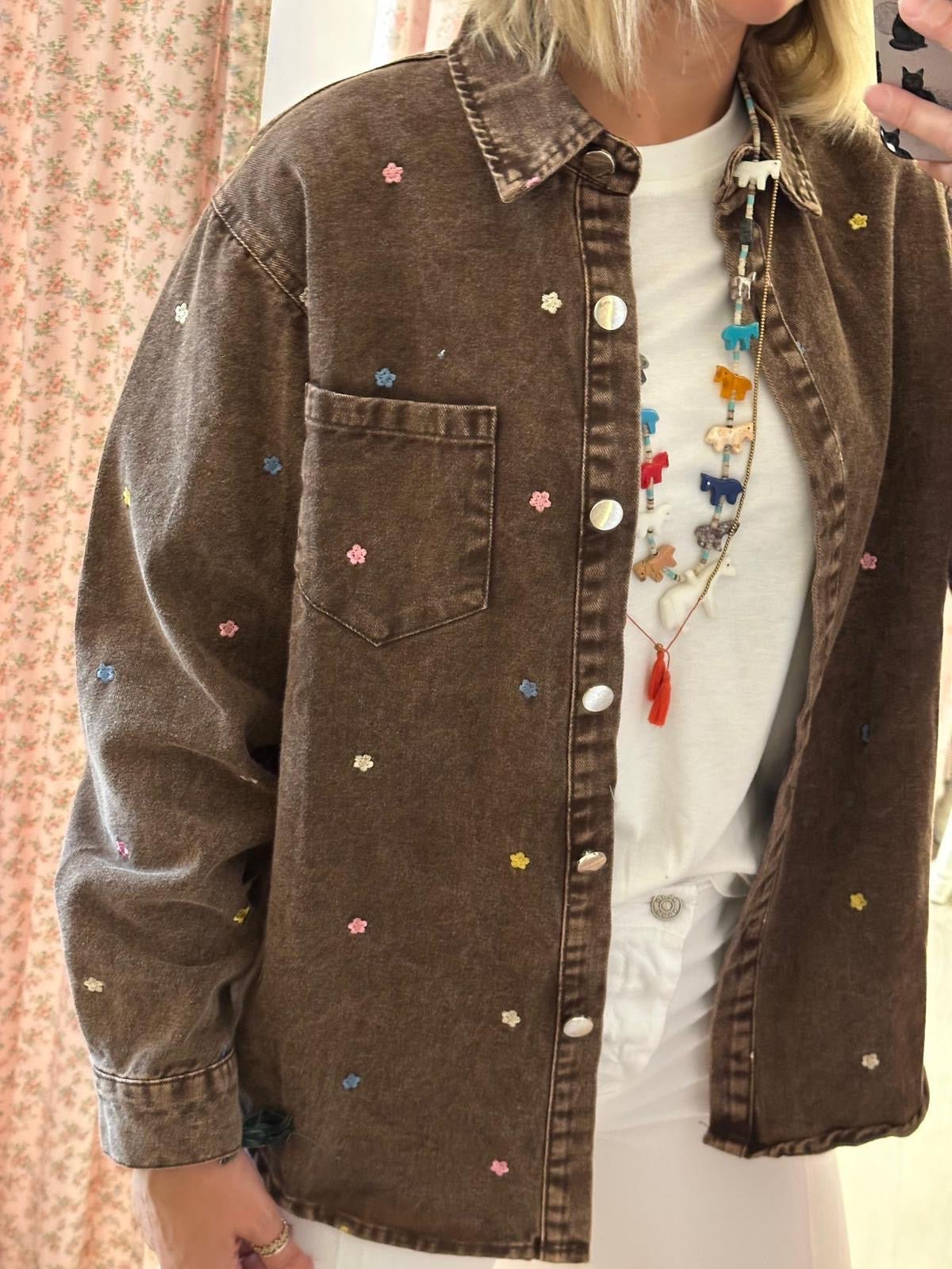 Camicia jeans ricamata cioccolato - Carlo Deni